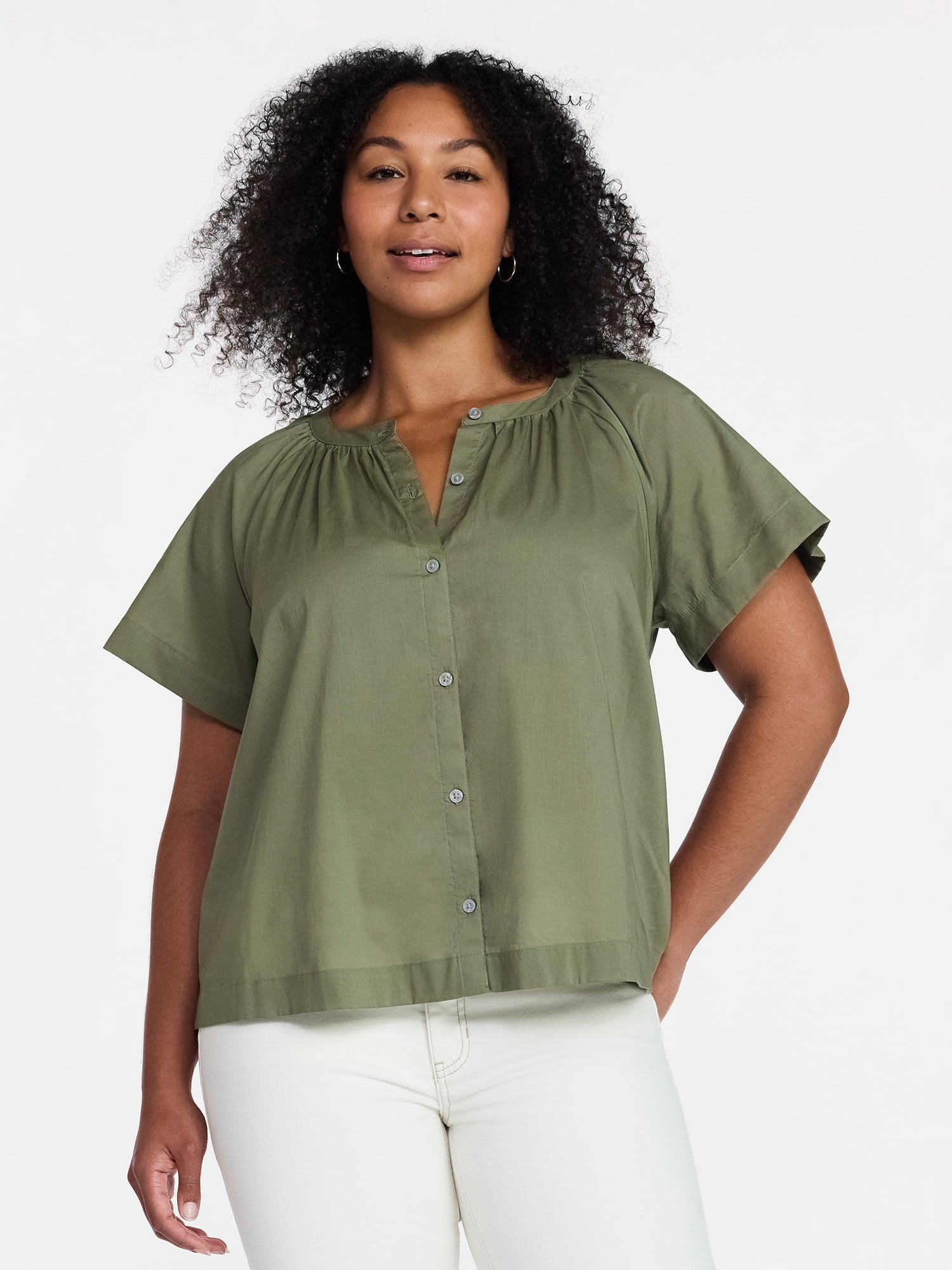 Time and Tru Women's Cotton Button Up Blouse with Short Sleeves, Sizes XS-XXXL