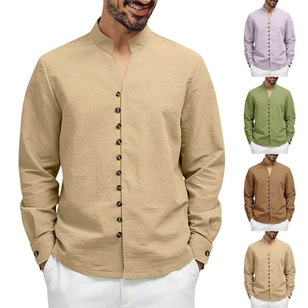 Men s Long Sleeve Button Up Cardigan Top Stand Up Collar Casual Pullover for Business Casual Office Work Daily Wear Loungewear Classic Mens Apparel | Ihhxva Purple 2XL