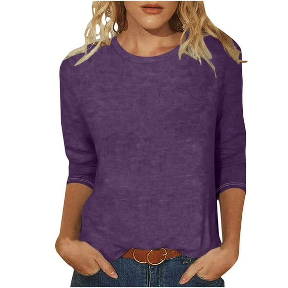 Admvng Blouses For Women Dressy Casual Round Neck 3/4 Sleeve T-shirt Loose Basic Womens Tops S-2XL