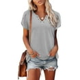 thumbnail image 2 of WREESH Women's Notch Neck Summer Blouse Petal Short Sleeve Casual Top in Solid Colors Gray, 2 of 6
