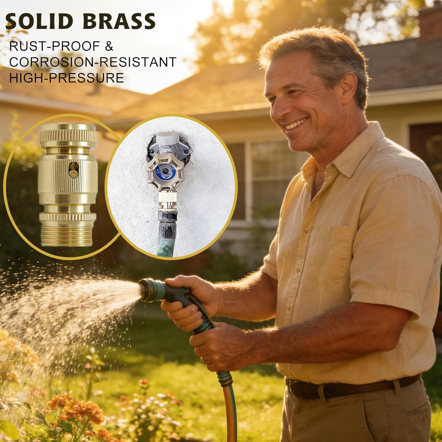 RGHJAR-3/4 Inch GHT Solid Brass Garden Hose Quick Connect Fittings, Water Hose Connectors with Leak-Proof Seal for Outdoor Gardening and Cleaning Use (2, Gold)