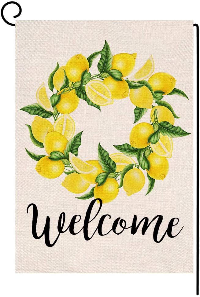 Seasonal Rustic Flag Decor for Indoor Outdoor Summer Decoration 2 Pieces Lemon Wreath Summer Garden Flag Watercolor Stripe Welcome Yard Flag Vertical Double Sided 12.5 x 18 Inch 