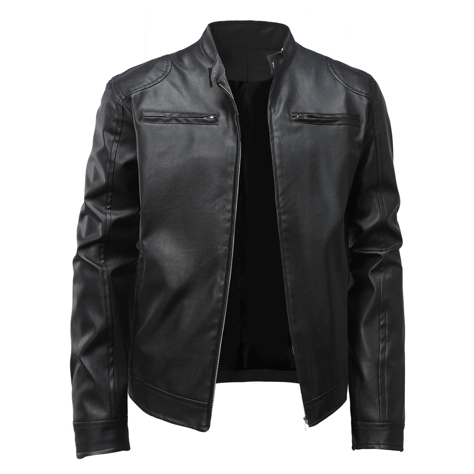 HAPIMO Leather Jacket Men's Casual Stand Collar Slim Leather Sleeve Flight Jacket Faux Leather Biker Jacket Black XXL