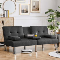 Yaheetech Modern Fabric Upholstered Futon with 2 Throw Pillows, Dark Gray