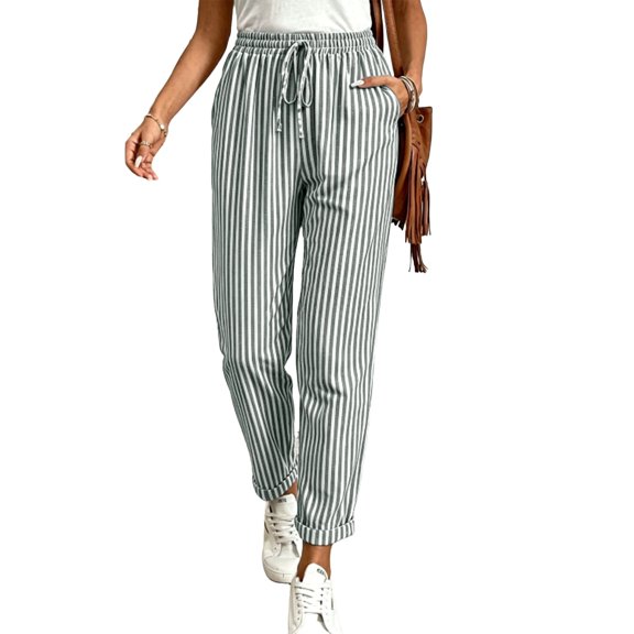 JULMCOMO Pants for Women Striped Drawstring Elastic Waist Relaxed Fit Casual Trousers Rolled Cuff Ankle Daily Comfy Pants with Pockets Green L
