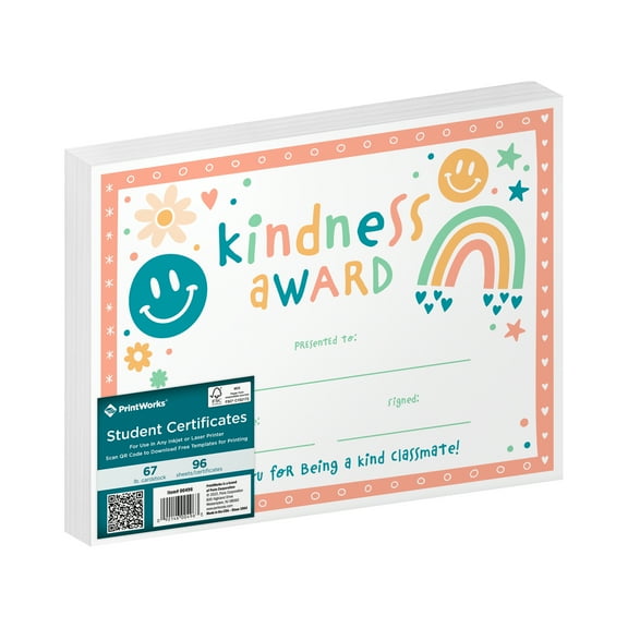 PrintWorks Paper Kindness Award Certificates, 8.5" x 11", 67 lb, 96 Sheets, Unisex