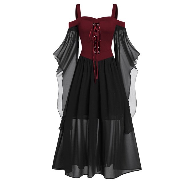 Robe Gothique en Dentelle d'Halloween pour Femme à Épaules, Robe Grande Taille, Manche, Vert, Robe Médiévale pour Femmes, Robe Froide pour Femme