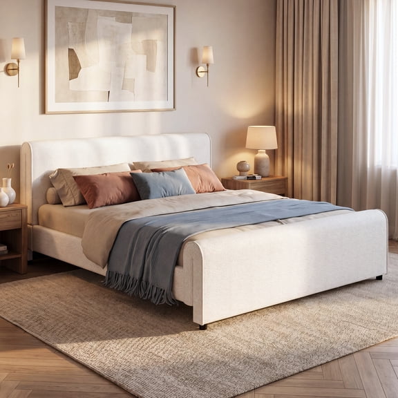 King Bouclé Upholstered Platform Bed with Headboard & Footboard, No Box Spring Needed