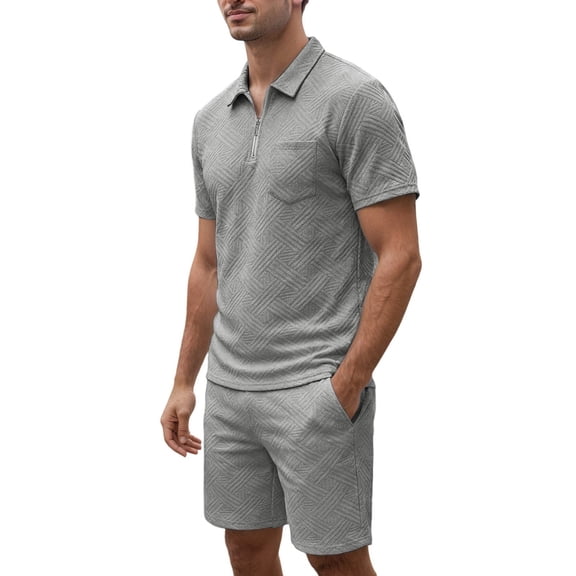 JAJAHO Mens Short Set Summer 2 Piece Outfits Casual Solid Color Jacquard Quarter Zip Lapel Short Sleeve T Shirts Shorts Set Comfortable Lightweight Stylish Outfit