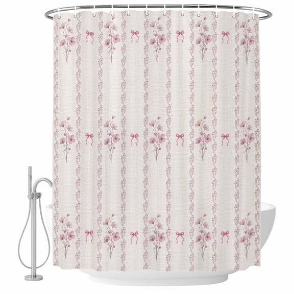 Pink Flowers Shower Curtain Set with Hooks, Bow Watercolor Floral Spring Farm Plant Vintage Linen Water Repellent Shower Curtains for Bathroom Decor Sturdy Shower Curtain, Machine Washable 72x96 Inch