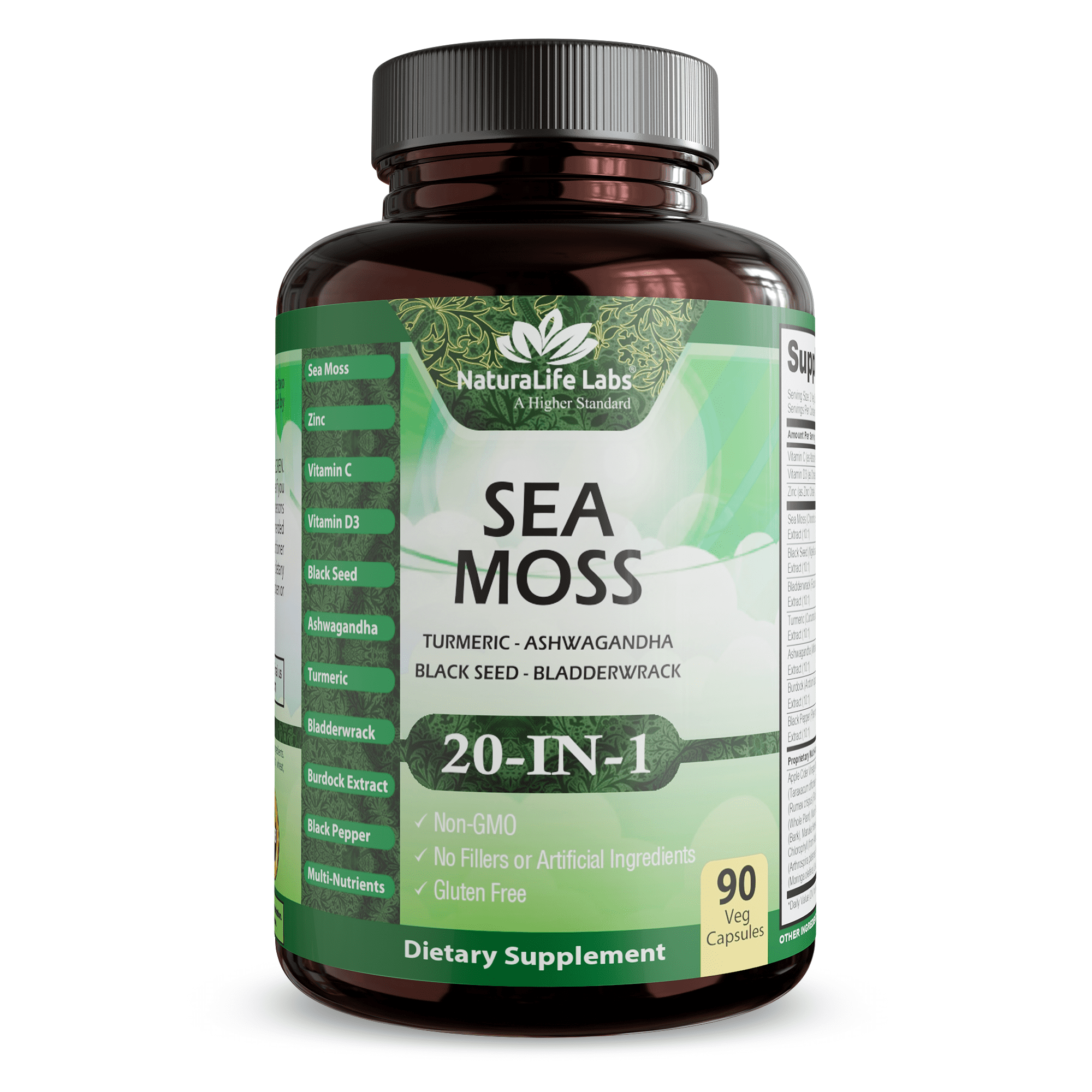 Sea Moss 6000mg - Black Seed Oil 2500mg - Bladderwrack 2000mg - Turmeric 1500mg Ashwagandha 1000mg - Burdock 1000mg - Muira Puama, Vitamin C, D3, Yellow Dock root, Manuka, Dandelion - 90 veggie caps