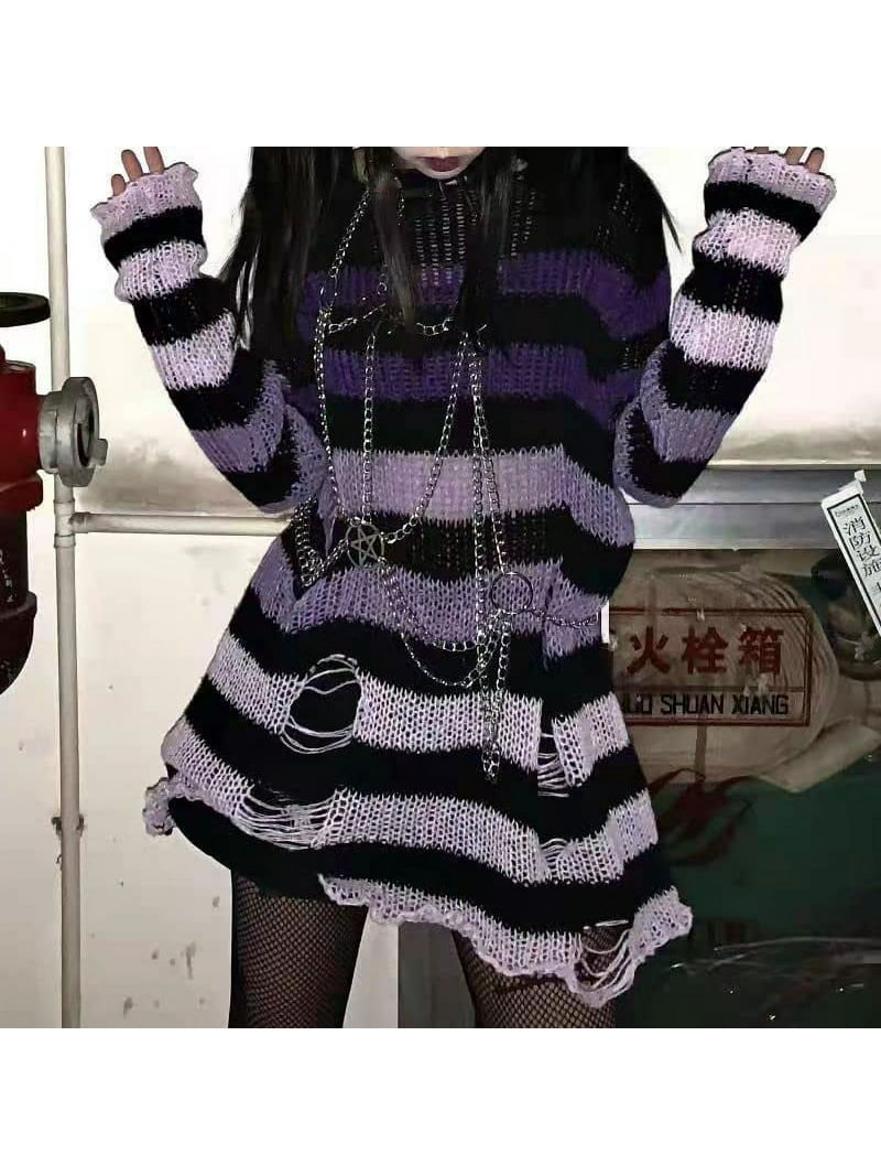 Kukuzhu Y2K Oversized Goth Punk Sweater Ripped Striped Long