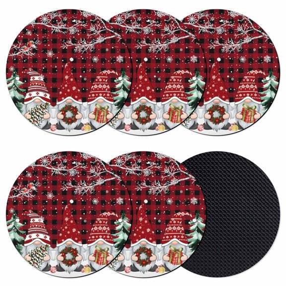 Black Red Plaid Christmas Coasters Set of 6, Absorbent Coasters for Drinks, Gnomes Xmas Tree Snowflake Gifts Birds Coaster for Desk Coffee Table Protection, Home Decor House Warming Gifts 4"