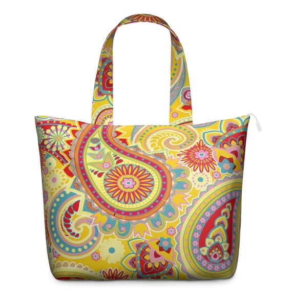 Chic Bohemian Vintage Print Large Capacity Tote Bag with Zipper Closure & Interior Pockets