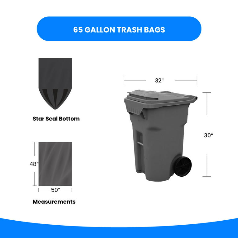 64-65 Gallon Trash Bags for Toter, Large Garbage Bags, 50/Count, 50W x 60H, Black, by Tasker