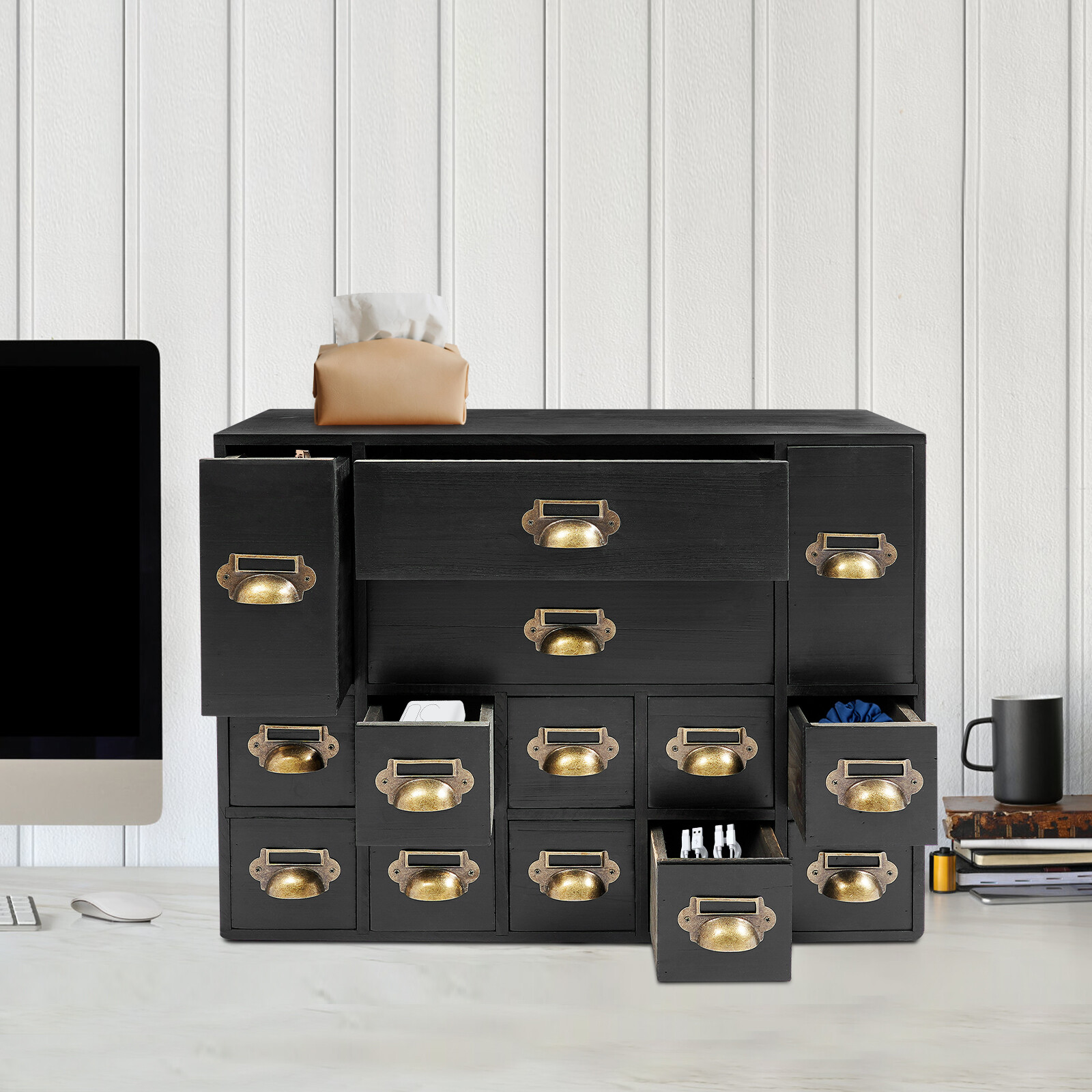 Black Vintage Storage Cabinet Wooden Organizer w/ 14 Drawers FreeStanding For Various Small Crafts, A Kitchen Organizer