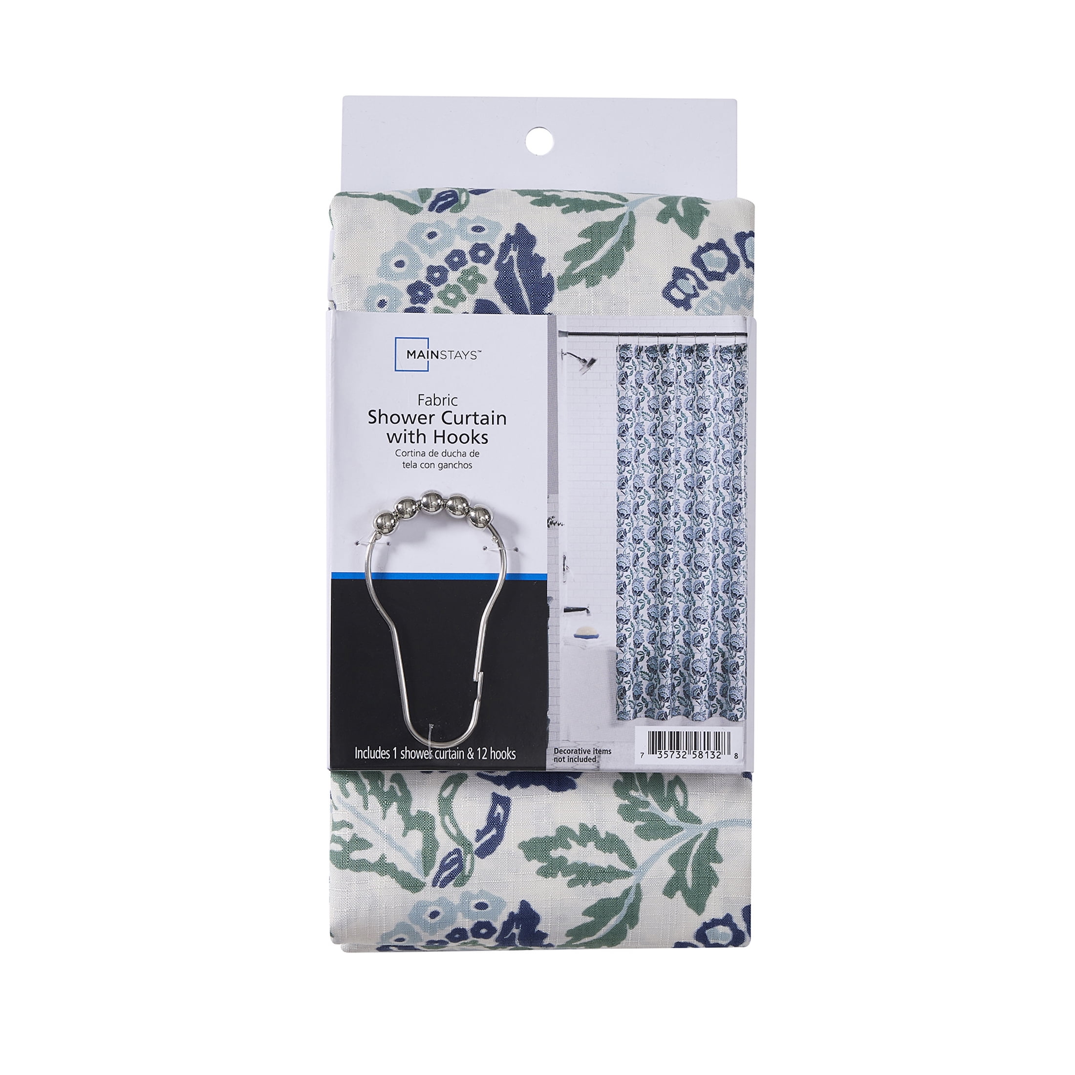Mainstays Block Floral 13 Piece Shower Curtain and Hook Set, 72 x 72, Navy