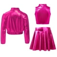 thumbnail image 2 of TiaoBug Girls Jazz Hip Hop Dance Outfits 3Pcs Tracksuit Shiny Metallic Crop Tops with Bomber Jacket and Skirt Set Hot Pink 8, 2 of 3