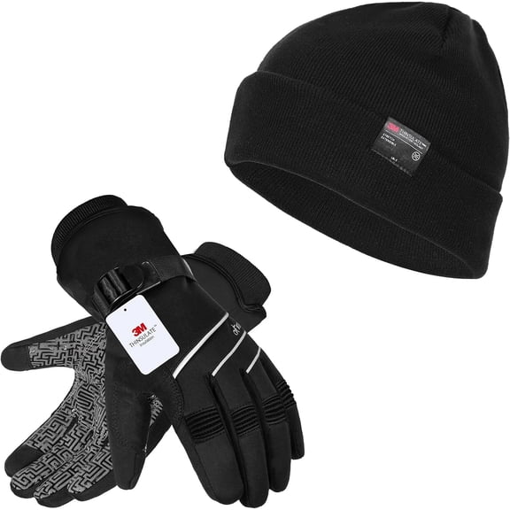 3M Thinsulate Winter Gloves & Beanie Set - Thermal Insulated Cold Weather Combo (Black) Holiday gifting