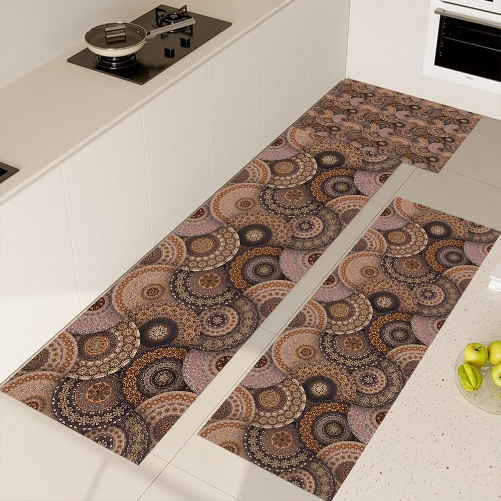 Farmhouse Kitchen Rugs Sets 3 Piece with Runner Soft Kitchen Floor Mat Brown Floral Rugs Boho Rugs for Bedside Kitchen Carpet and Rugs Non Slip Washable for Bathroom Entryway Front Door Laundry