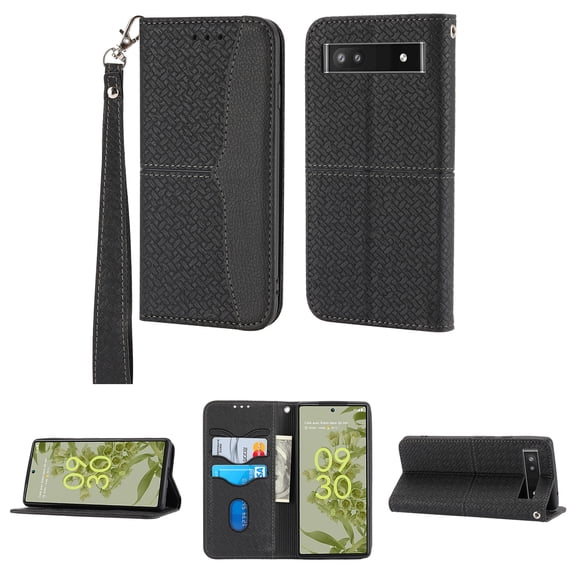 Decase Wallet Case for Google Pixel 6A,Magnetic Closure ID Credit Card Slots Durable PU Leather Full Protection Shockproof Phone Case Cover with Wrist Strap,Black