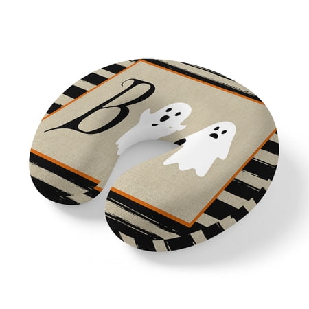 Neck Pillow for Travel Halloween Boo Ghost Cartoon Style Memory Foam U Shaped Pillows Portable Headrest Black Stripes Vintage Linen Neck Head Support Cushion for Home Office Car Airplane Sleeping