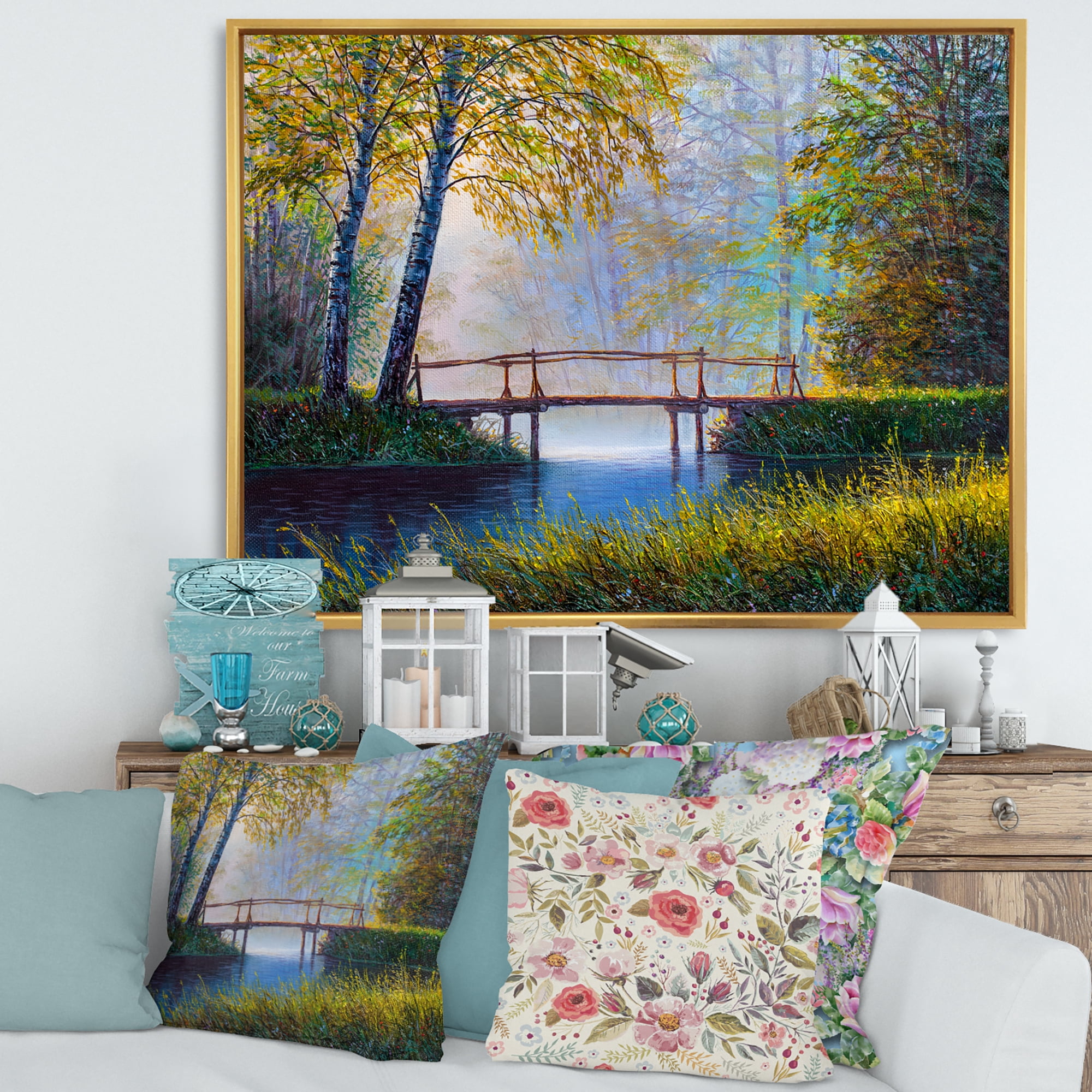 Designart 'Sunrise Glow and The Awakening Spring Forest' Lake House Framed Canvas Wall Art Print