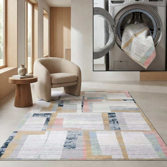 SAFAVIEH Bayside Ava Abstract Polyester Machine Washable Area Rug, Ivory/Blue Rust, 5'3" x 7'6"