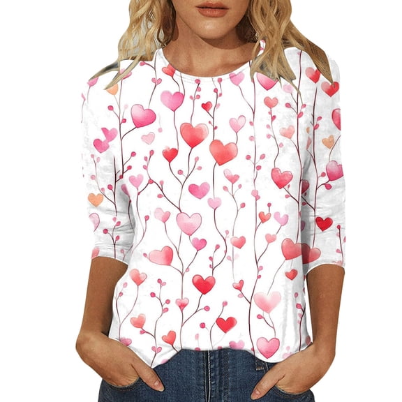 Shadoumai Womens 3/4 Sleeve V Neck Valentine T Shirts Love Heart Printed Graphic Tee Tops