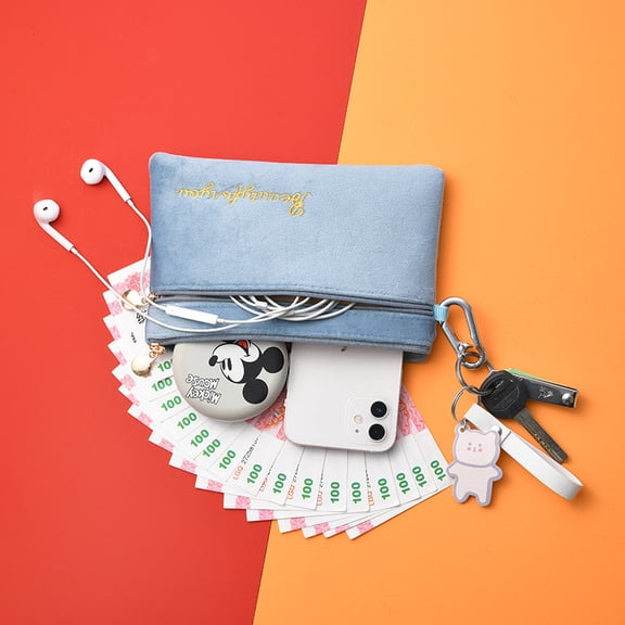 Double Zipper Cell Phone Bag Fleece Storage Bag Portable Women's Wallet Key Card Bag Mini Bag
