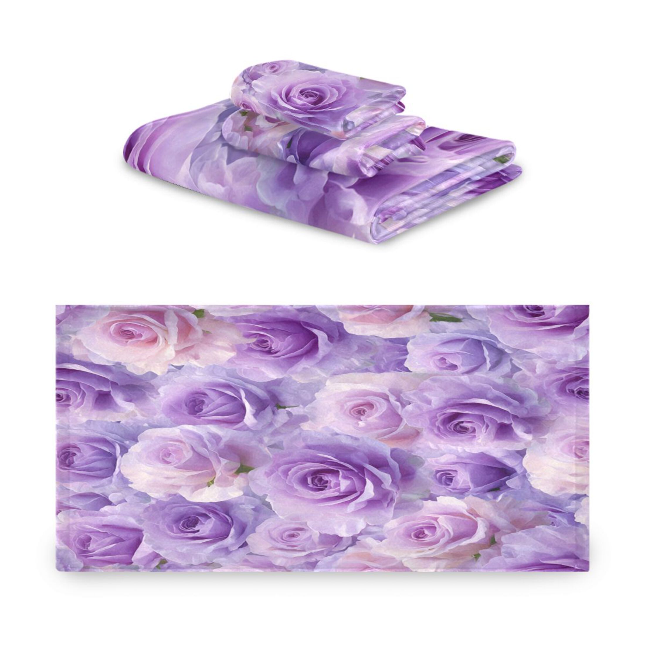 3 Piece Bath Towels Set Bath Towel, Hand Towel and Face Towel for Bathroom, Gym, Hotel Light Purple Roses Pattern
