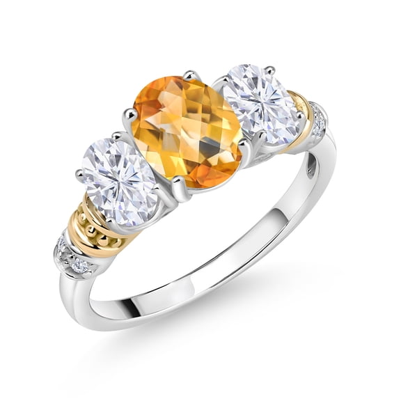 Gem Stone King 925 Sterling Silver and 10K Yellow Gold Oval Yellow Citrine White Moissanite and White Diamond 3 Stone Ring for Women (2.28 Cttw, Gemstone November Birthstone, Size 8)