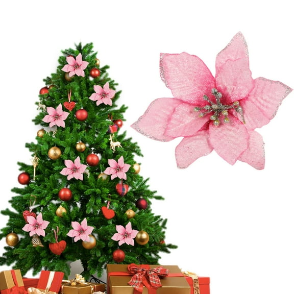 Artificial Christmas Glitter Flowers with Clips, 5.7 Inch Xmas Tree Flower Ornaments for Holiday Decorations, Home, Table & Tree Decor Pink