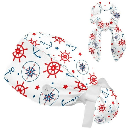 

Working Cap with Buttons and Sweatband Scrub Hat Bouffant Caps with Scrunchie Anchor Tie Back Hats