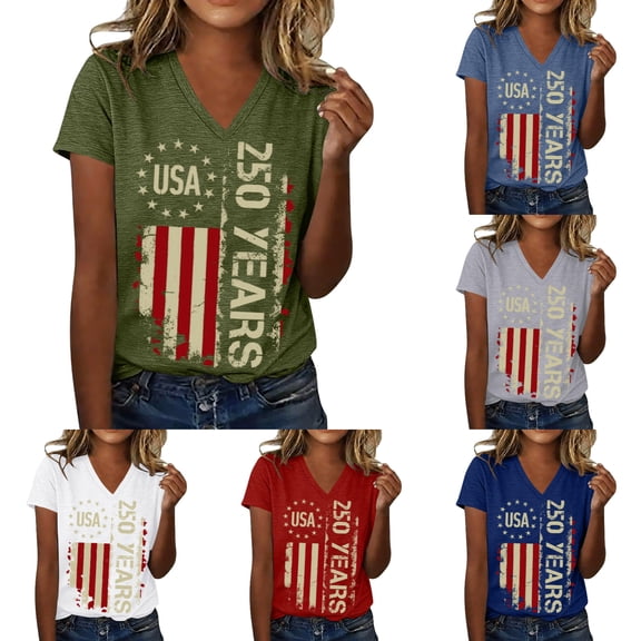 Women's 250th Anniversary USA Shirt V-Neck - 1776-2026 250 Years T-Shirt American Flag Patriotic Top Distressed Vintage Tee for Memorial Day 4th of July(Army Green/S)