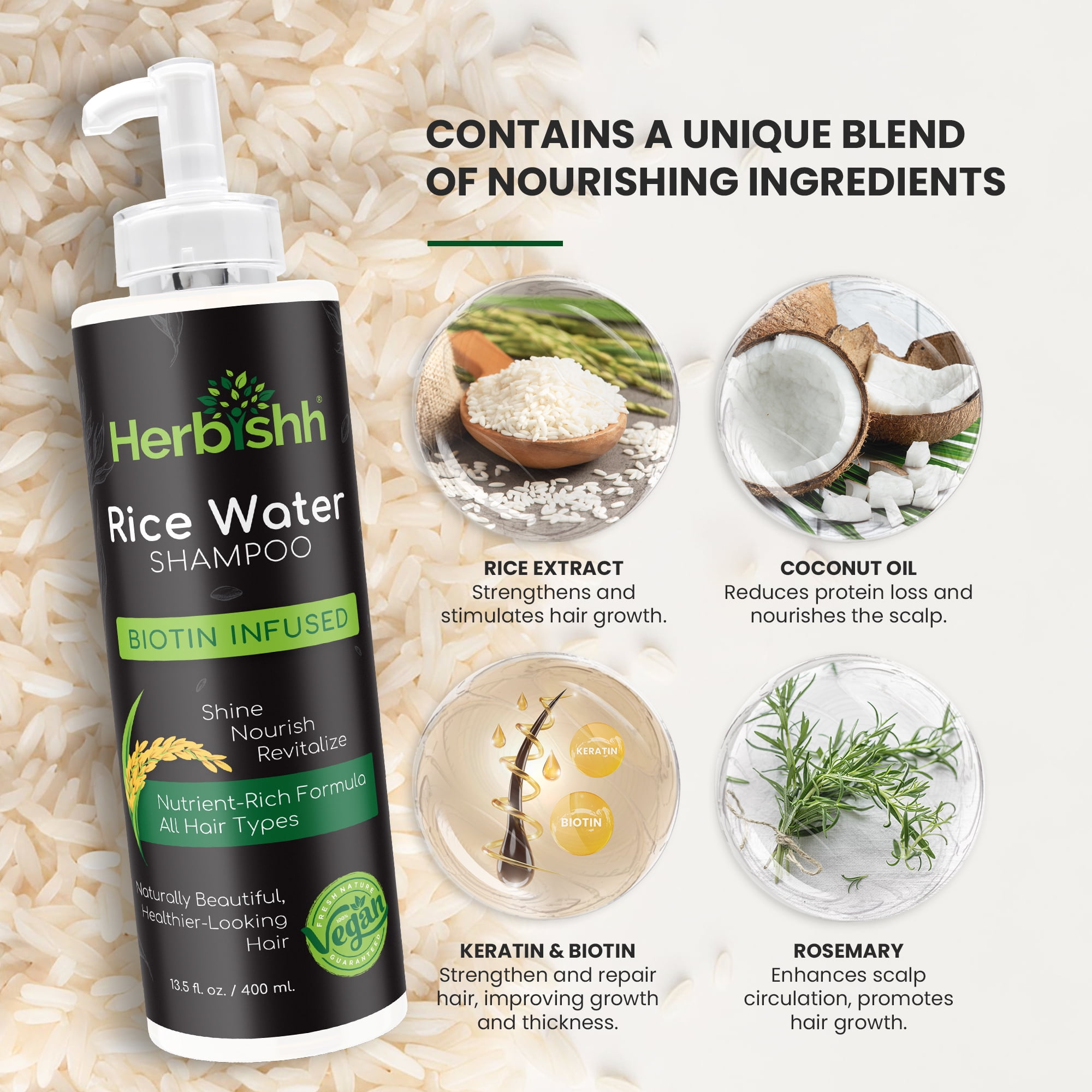(2 pack) Herbishh Rice Water Hair Growth Shampoo - 400ml with Power of Castor Oil, Argan & Coconut Oil & Biotin | All Hair Type | Hair regrowth for Thinning Hair, Moisturizing & Volumizing | Silicone Free