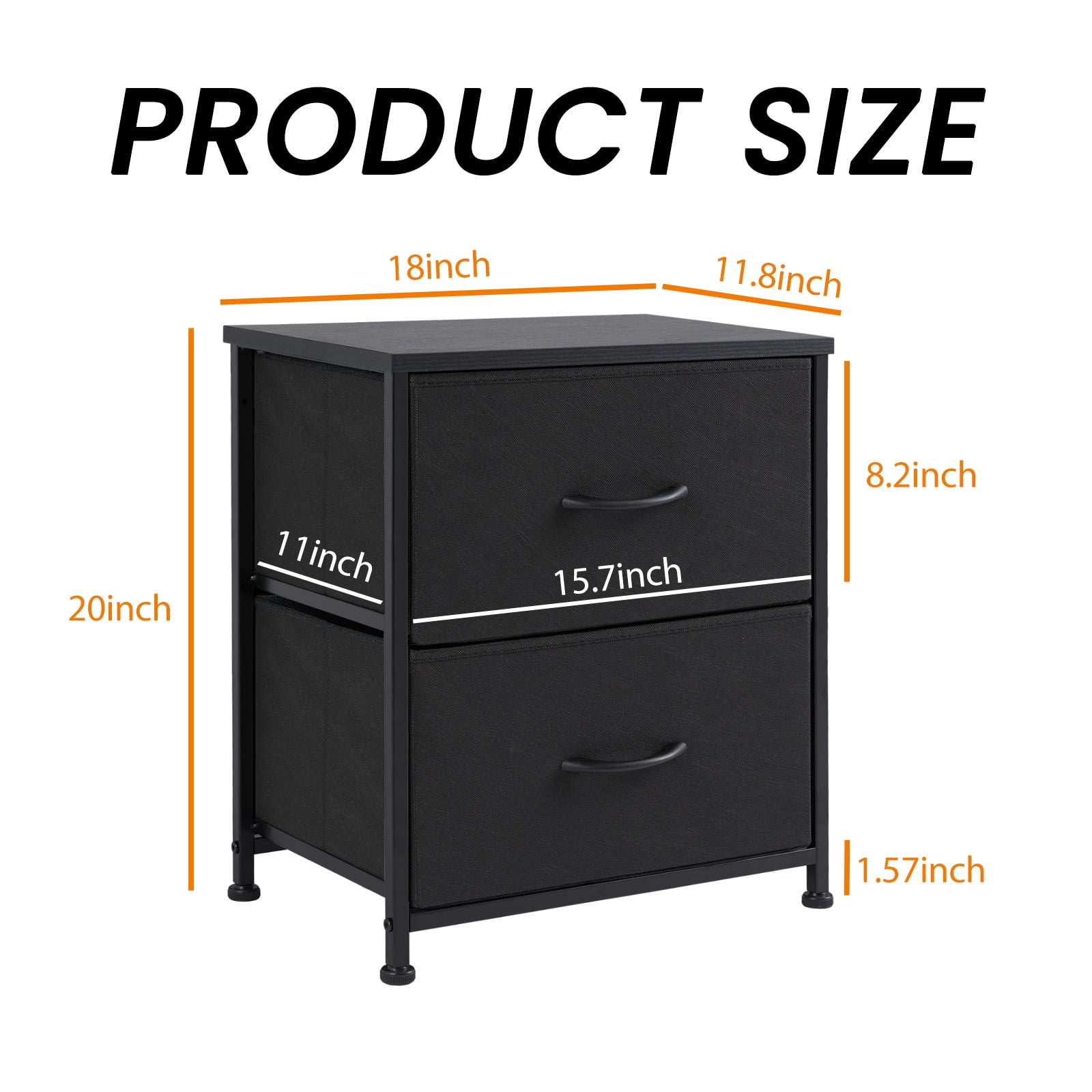 Prilinex Nightstand Small Dresser with 2 Fabric Drawers, 20 Inch Adjustable Nightstand Feet Bedside Table with Drawers for Bedroom,for Closet, Entryway, College Dorm, Black
