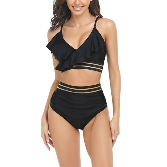 SWSMCLT Women's Bathing Suit Cheeky Ruffled Push Up Mid Rise Padded Hawaiian Bikini 2 Piece Swimsuit Beach Sexy Black Large