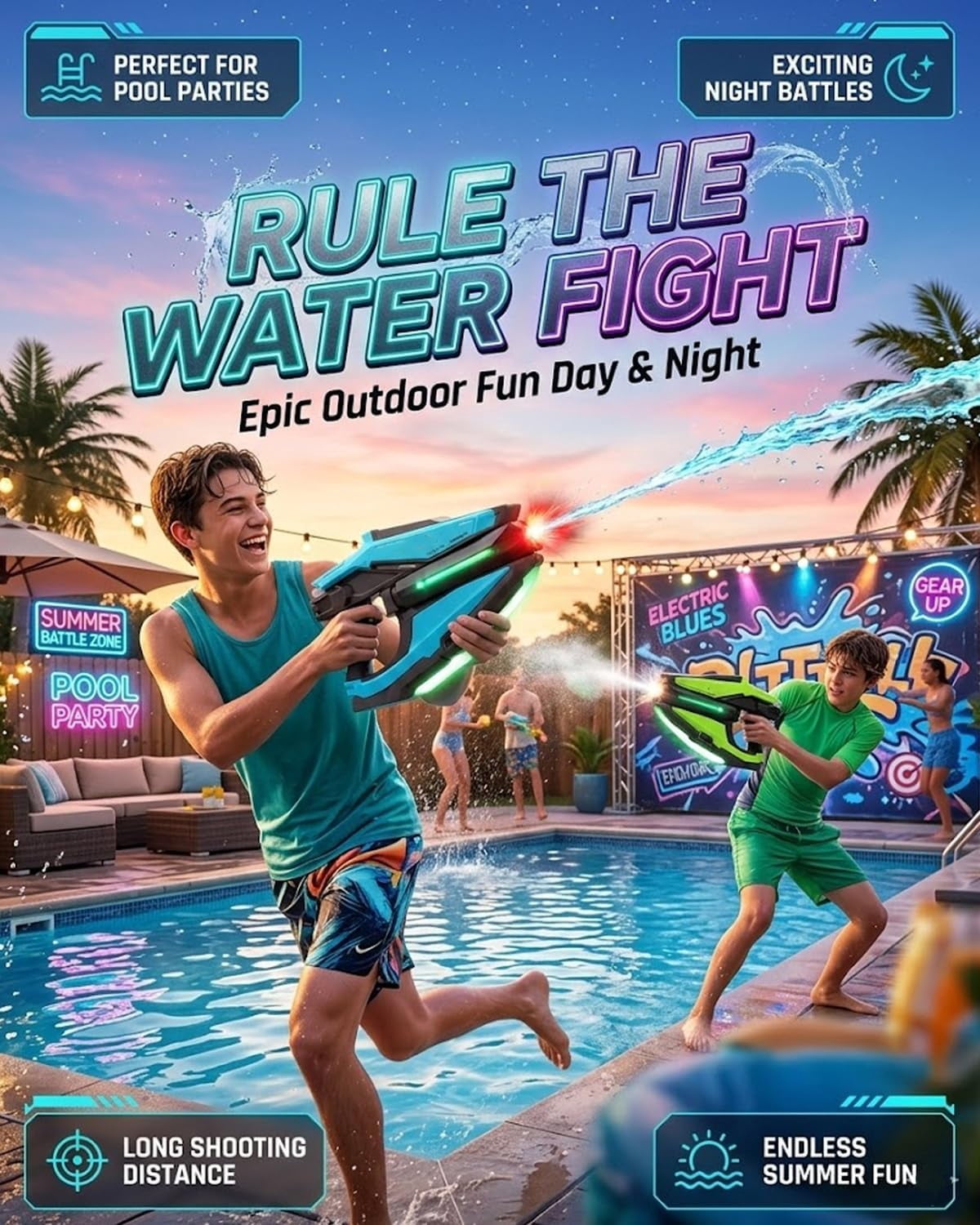 Electric Water Gun with LED & Mist Effects, Rechargeable Automatic Water Blaster with Futuristic Axe Design, Large Capacity Tank, Long Shooting Blasts for Pool, Beach