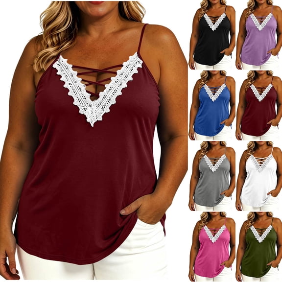 NominalSnug Womens Plus Size Tank Tops Adjustable Spaghetti Strap Camisoles Lace Criss Cross V Neck Tunic Tops Casual Loose Blouse