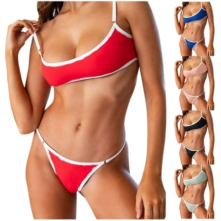 Feancey Athletic Bikini Sets for Women Trendy Colorblock Swimsuit 2 Piece Adjustable Strap with Thong Bottoms Bathing Suits Casual Sport Beach Swimwear Limited Time Sales Red M