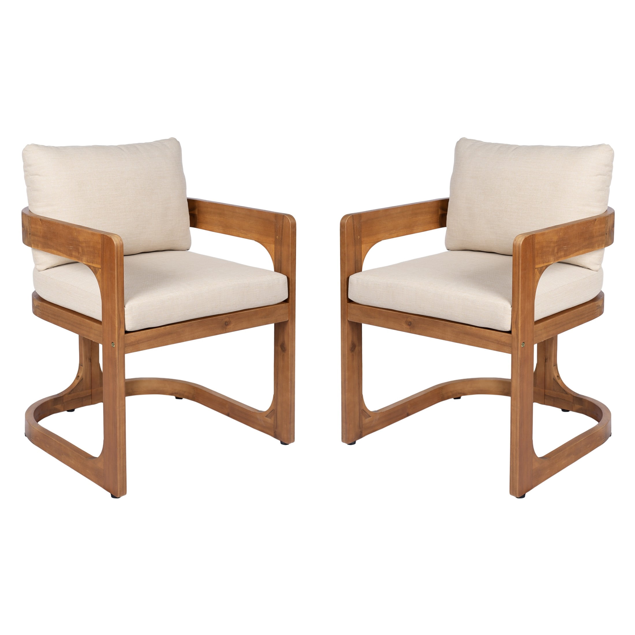Christopher Knight Home Wooden U-Shaped Outdoor Dining Chair with Beige Cushion, Teak, Set of 2