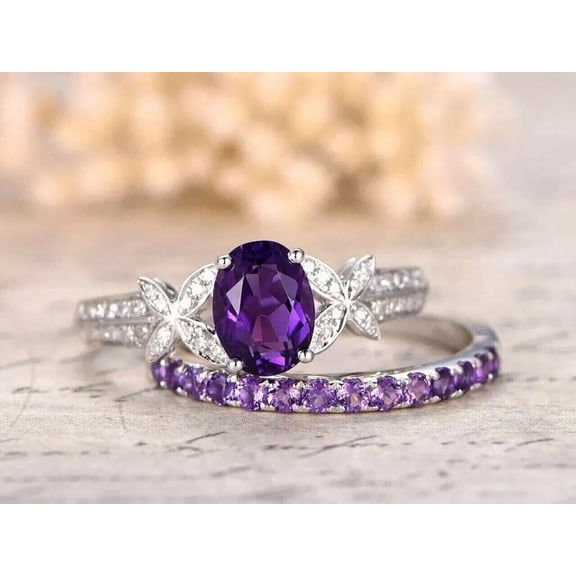 Gems Jewels 4.00 Ctw Oval Cut Amethyst & Diamond Wedding Anniversary Wedding Bridal Set Band Ring 14K White Gold Plated 925 Sterling Silver 925 Sterling Silver -4