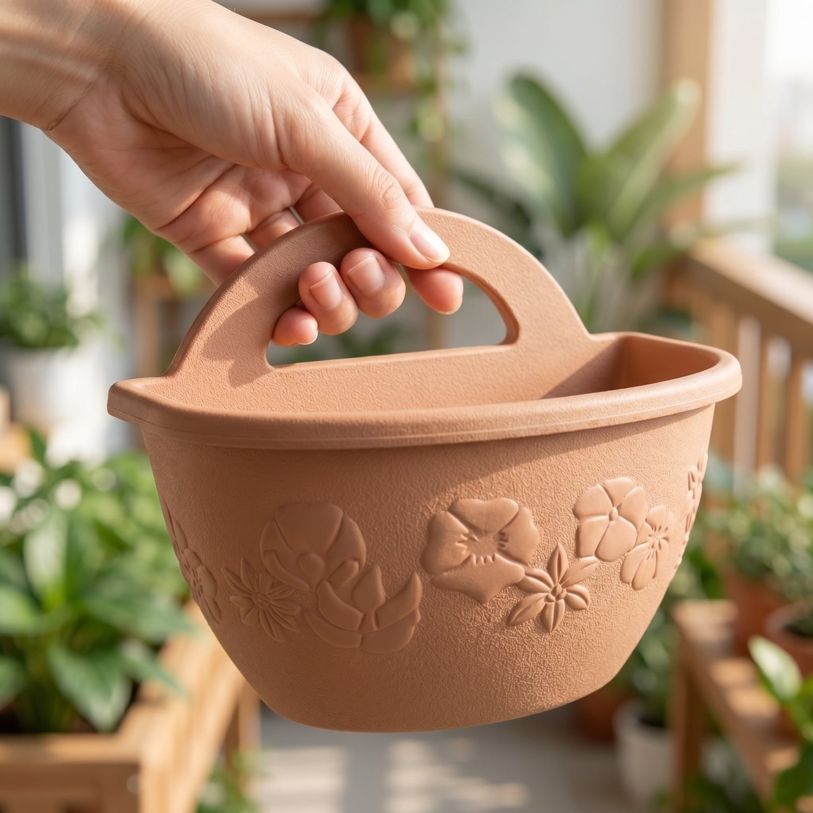 Planter Pot, Embossed Floral Light Brown Small, 1 Piece, for Railings and Wall Vertical Gardening Vegetables Flowers