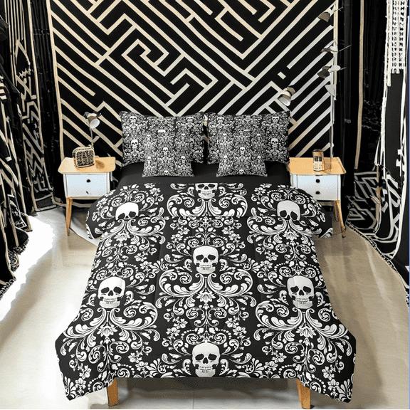 Damask Gothic Bedding Set Adults Antique Victorian Bed in a Bag Queen Comforter Set 7 Piece,Black White Sugar Skull Sheet Set Vintage Baroque Floral Goth Bed Set,Exotic Bone Skeleton Bohemian Decor