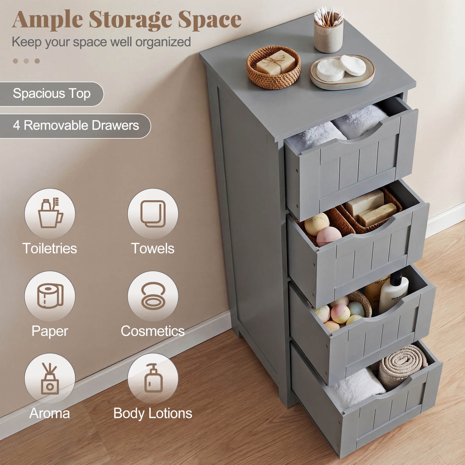 Costway 32.5'' Bathroom Floor Cabinet with Anti-tipping Device Freestanding Towel Cabinet Gray