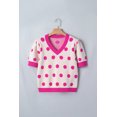 thumbnail image 3 of Women's Pink Polka Dot Sweater Top – V-Neck Puff Short Sleeve Summer Knit, Casual Shift Silhouette, XL, 3 of 10