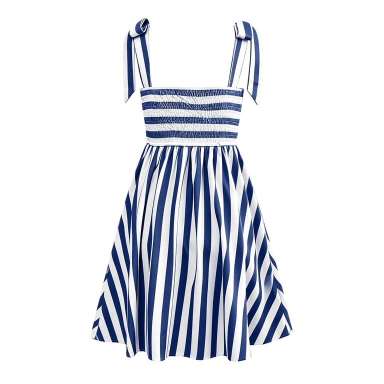 tie shoulder fit and flare dress NTACZA Spaghetti Strap Women'S Summer Dresses Fit & Flare Tie Shoulder  Ruched Back Square Neckline Mini Party Striped Flared Hem Yellow
