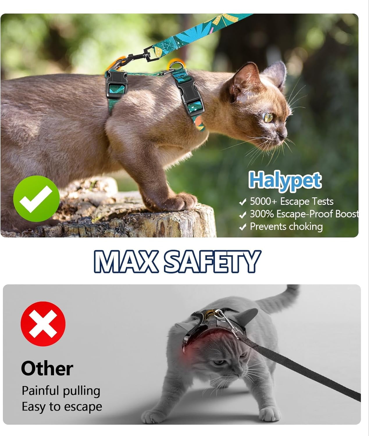 Cat Harness and Leash Set, 3-in-1 Adjustable & Lightweight, Escape-Proof, Comfortable Soft Kitten Harness for Large Cats, Safe, Easy to Wear, Outdoor Walking Travel