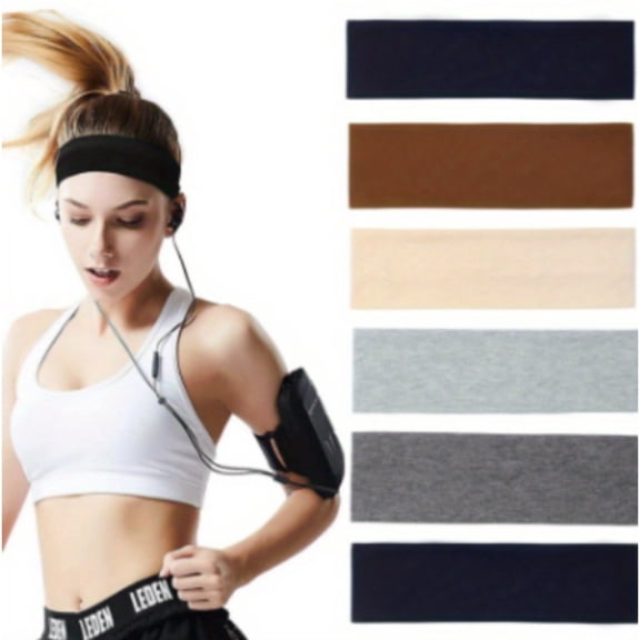 6-Pack Non-Slip Headbands, Sweat-Absorbing Soft Stretchy Cotton Hair Bands for Women, for Sports, Workout & Everyday Use
